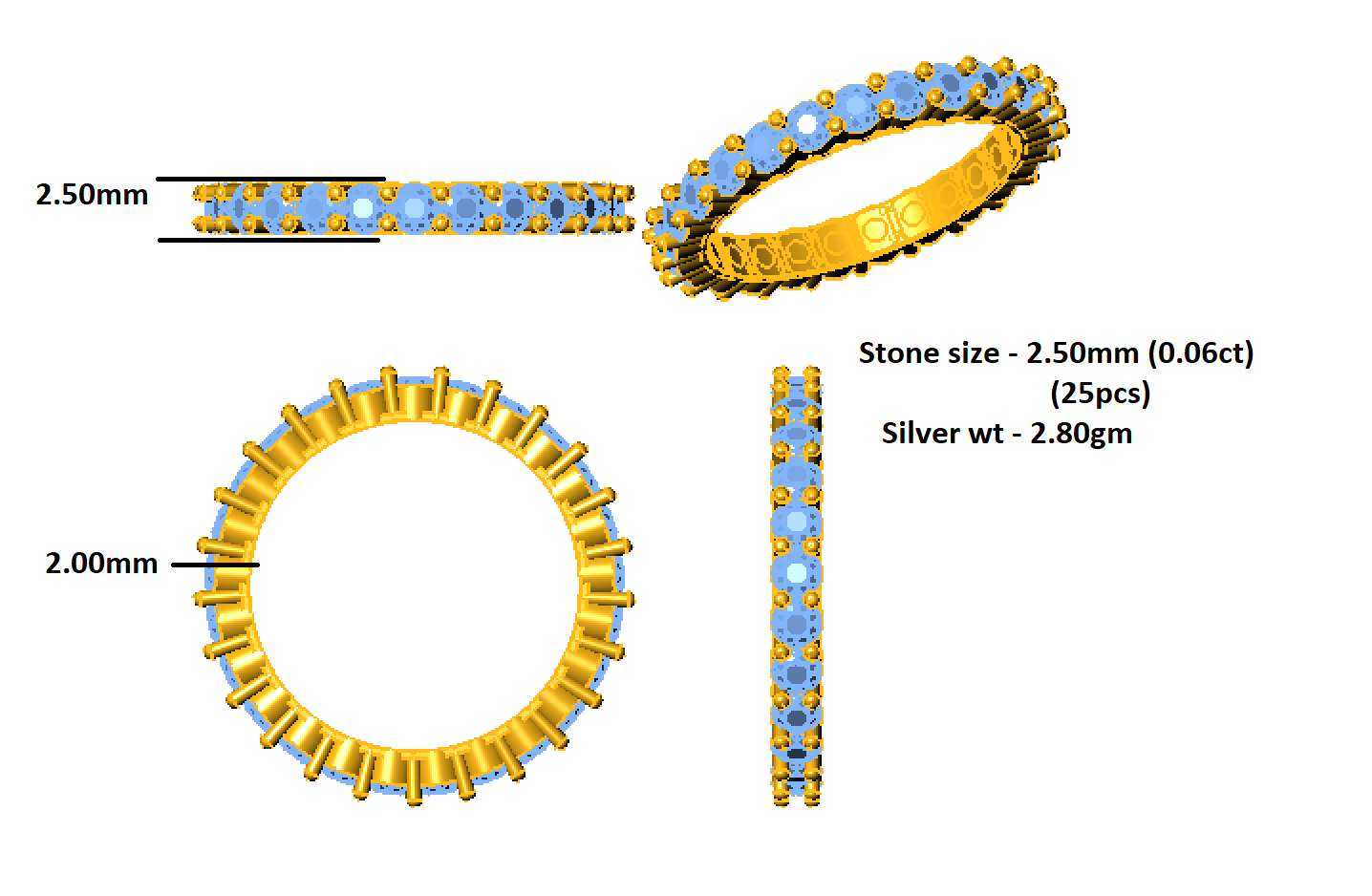 RKC Moissanite Full Eternity Band Ring Yellow Gold Plated 925 Sterling Silver Ring Wt 2.80 Ct Width 2.50 MM