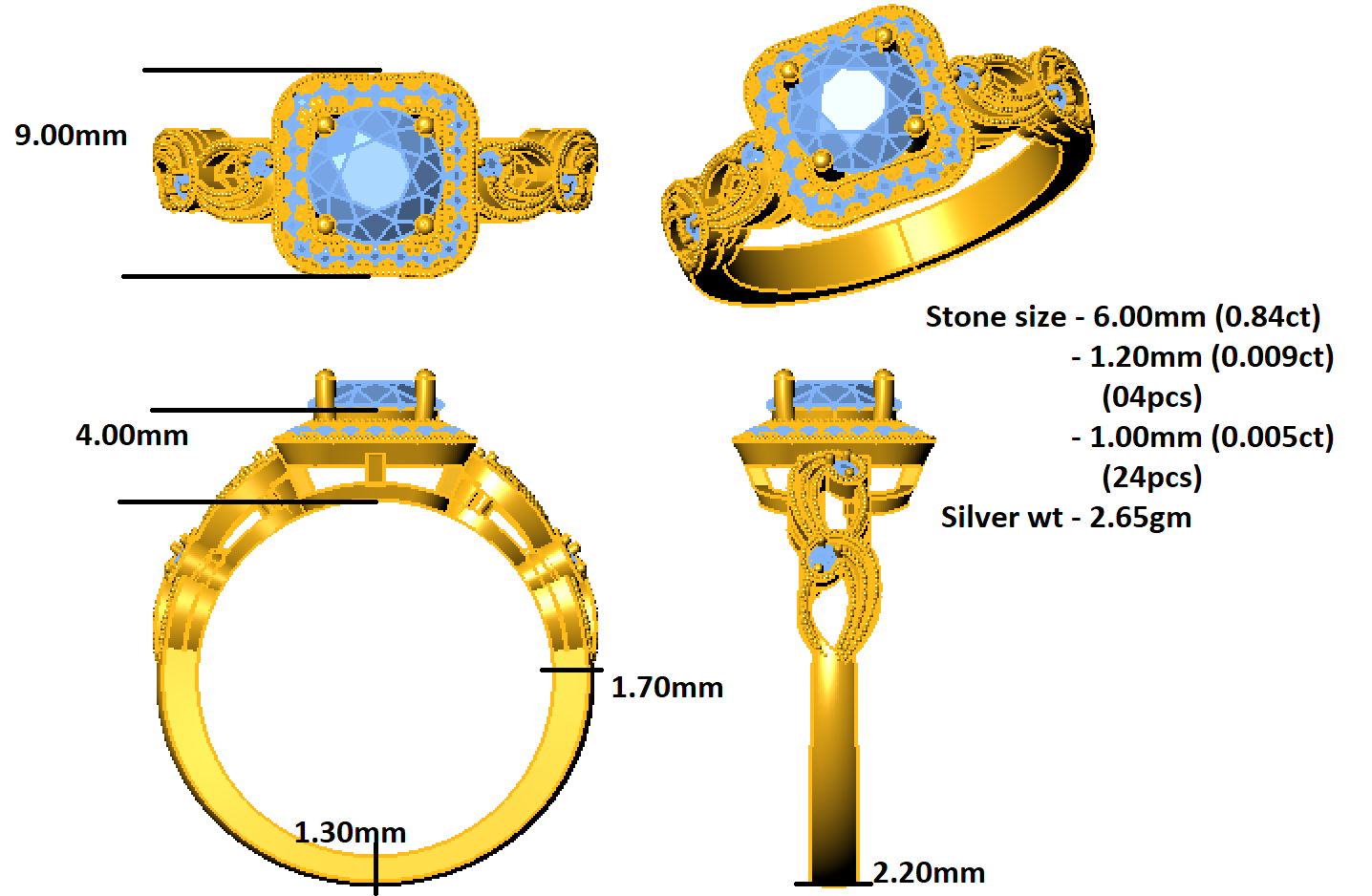 RKC 1 карат Набор вясельных заручальных пярсцёнкаў з арэолам муасаніта, жоўтае пазалота 14 карат, срэбра 925 пробы, вага 2,65 г, шырыня 2,20 мм