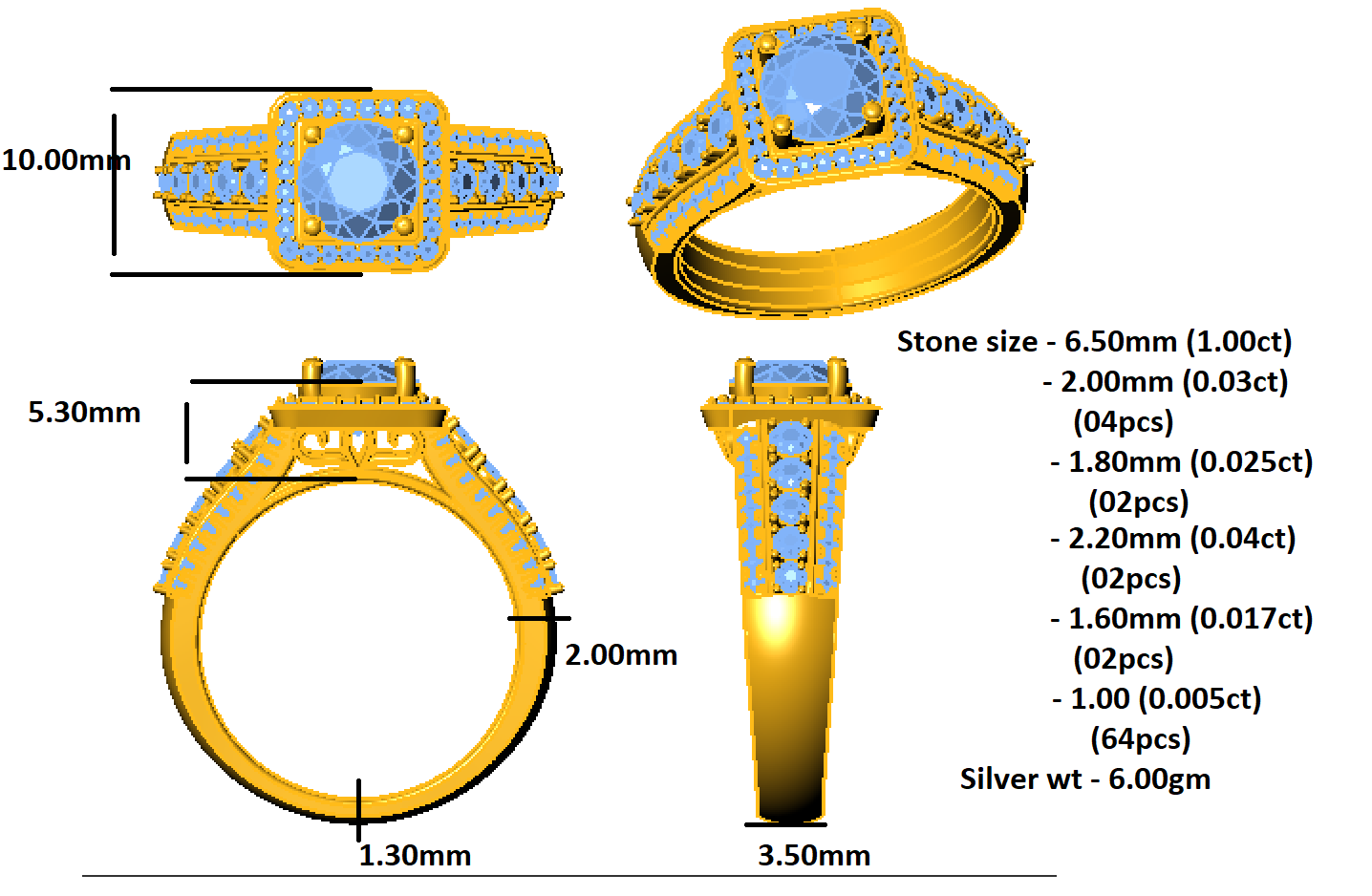 RKC Moissanite हेलो वेडिंग ब्राइडल रिंग 925 स्टर्लिंग सिल्व्हर 14K पिवळा गोल्ड प्लेटेड Wt 6 gm रुंदी 3.50 MM