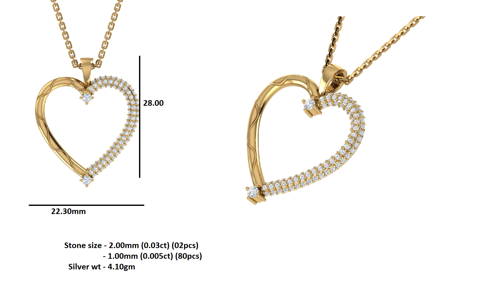 RKC 0.46Ct 모이사나이트 하트 스타일 펜던트 925 실버 주얼리 14K 옐로우 골드 도금 중량 4.10gm 높이 28mm