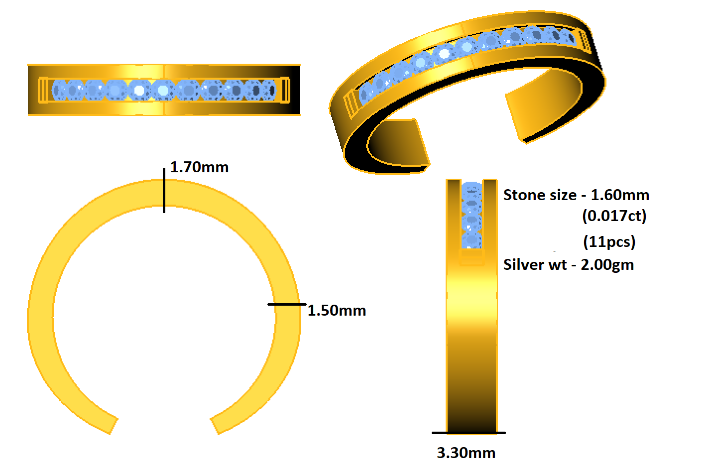 Заручальны пярсцёнак RKC Classy Moissanite з круглым выразам на назе для яе з стерлингового срэбра 925 пробы з пакрыццём з жоўтага золата 14 карат Вага 2 г Шырыня 3,30 мм