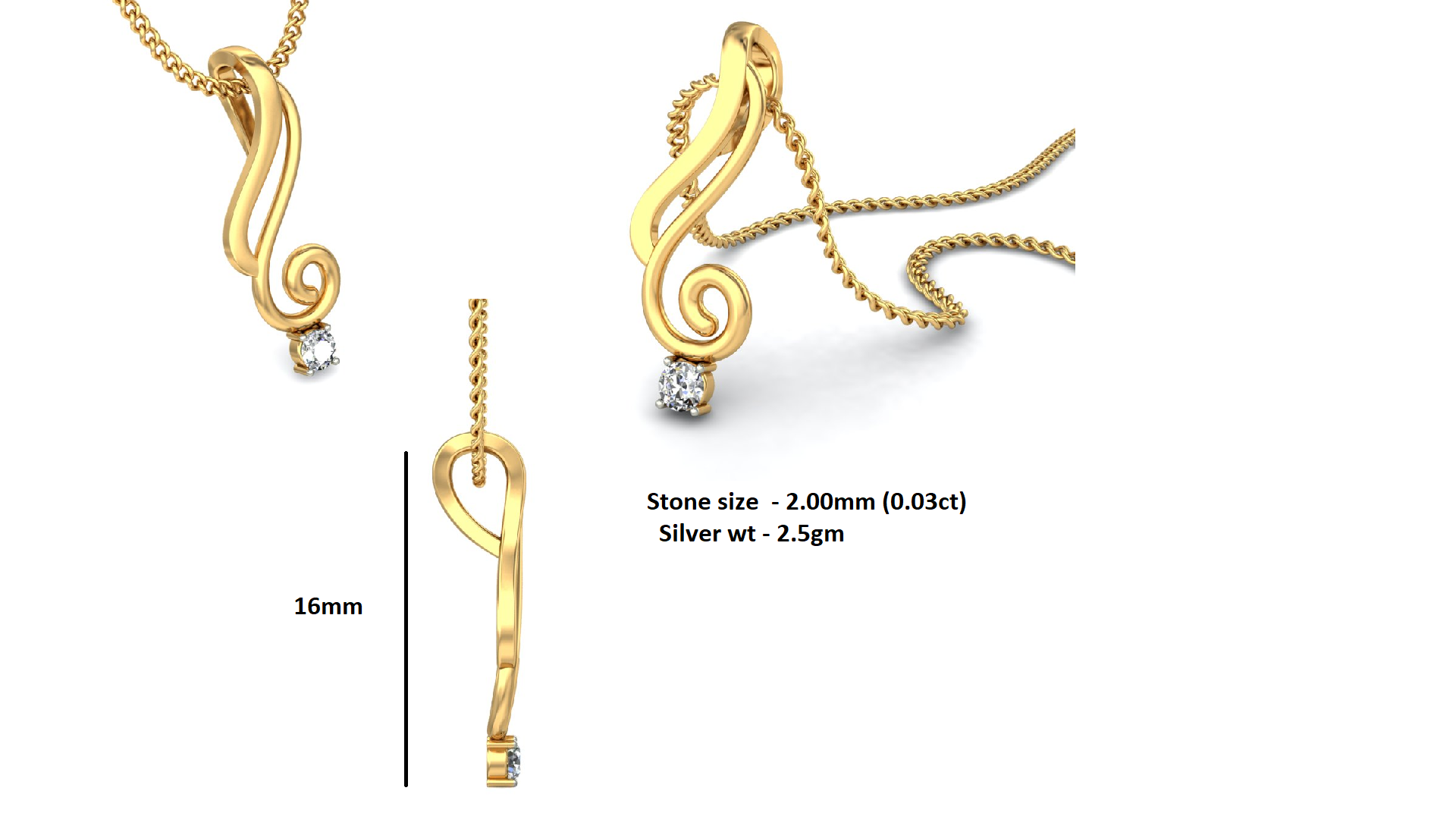 মহিলাদের জন্য RKC 925 স্টার্লিং সিলভার 0.03 Ct ময়সানাইট দুল 14K রোজ গোল্ড ফিনিশ Wt 2.5 গ্রাম উচ্চতা 16 মিমি