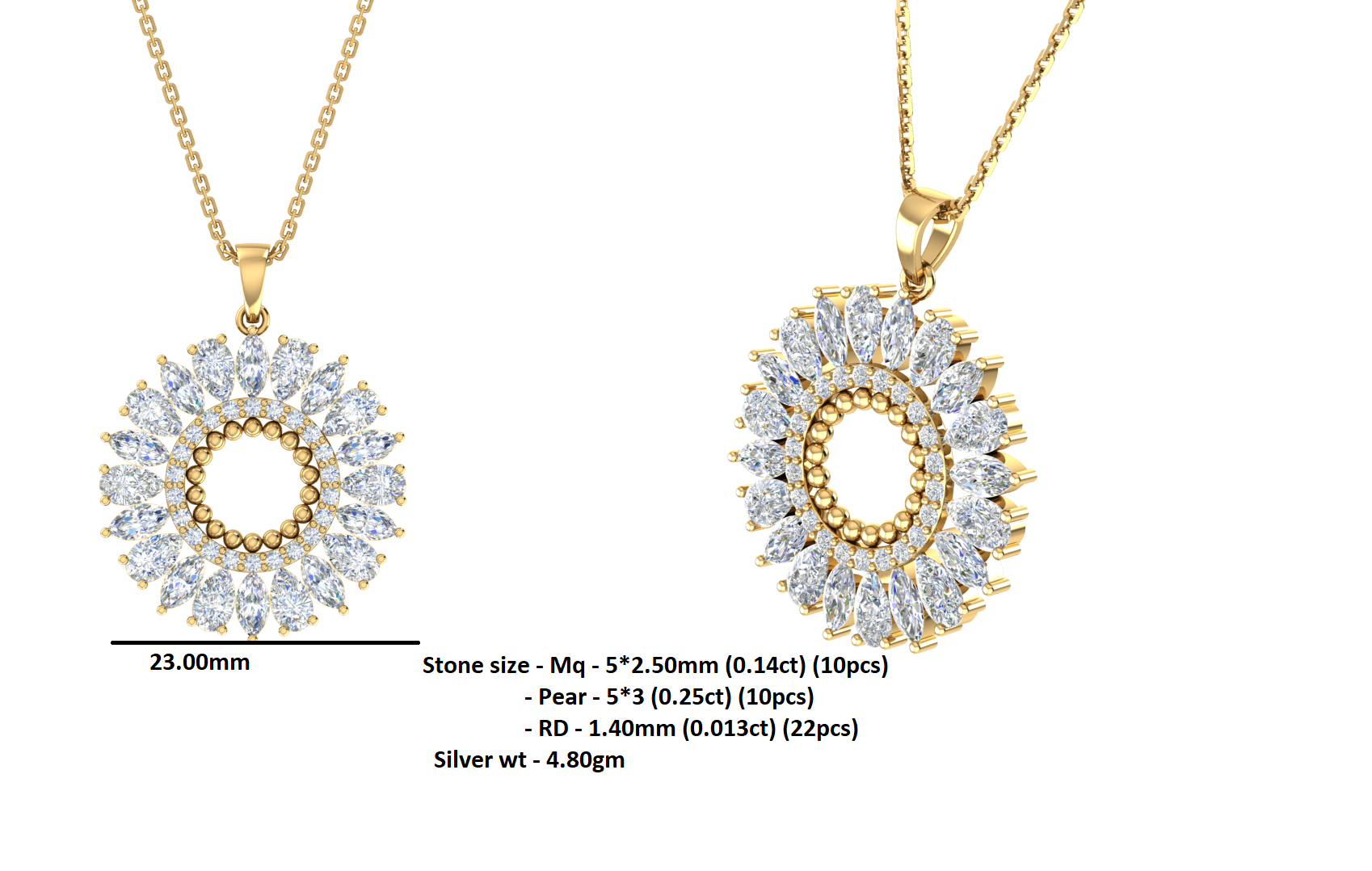 RKC 4.1 Ct Flower Shape Certified Moissanite Pendant Necklace 14k Yellow Gold Plated 925 Silver Weight 4.80 gm