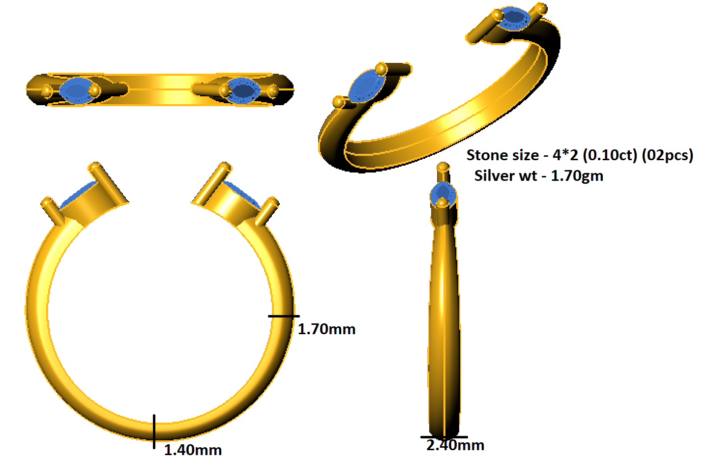 RKC Marquise Cut Moissanite Two Stone Open Band Women Ring 925 Sterling Silver Yellow Gold Over Wt 1.70 gm Width 2.40 MM