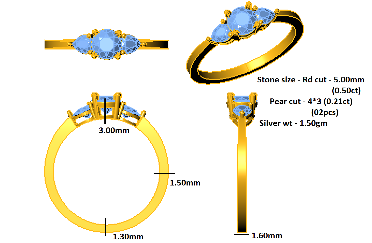 RKC Round Moissanite Three Stone Anniversary Gift Band 925 Silver 14K Yellow Gold Plated Ring For Her Wt 1.50 gm Width 1.60 MM