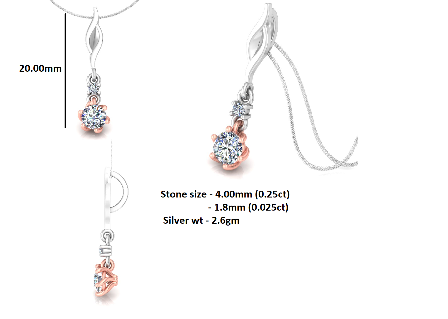 आरकेसी व्हाइट गोल्ड फिनिश दो स्टोन सिल्वर ड्रॉप 0.27 सीटी मोइसानाइट पेंडेंट उपहार उसकी ऊंचाई 20.00 मिमी वजन 2.6 ग्राम के लिए