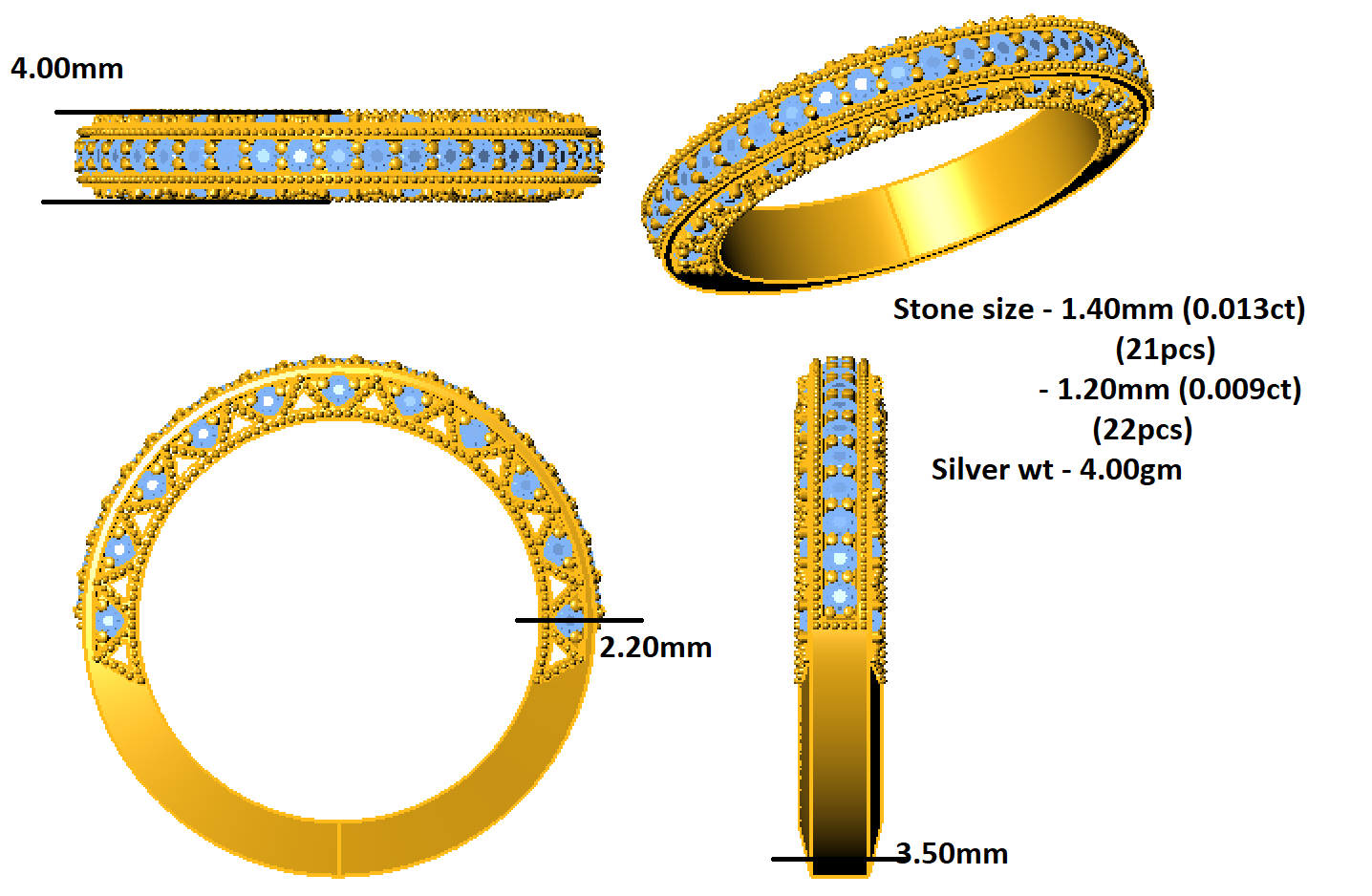 RKC Moissanite Wedding Band Ring For Her 925 Sterling Silver Yellow Gold Over Wt 4 gm Width 3.50 MM