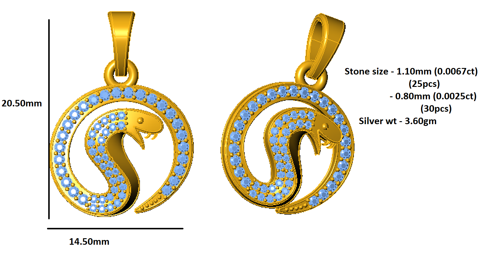 RKC 0.24Ct Moissanite Snake Pendant 925 Silver Jewelry 14K Rose Gold Plated WT 3.60gm Height 20.50mm