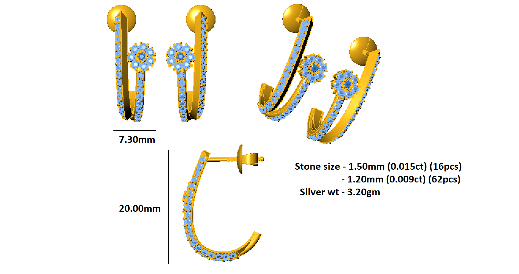 RKC 925 Sterling Silver Hoops & Huggies Earring Women Earring 14k Yellow Gold Over Wt 3.20 Height 20.00mm
