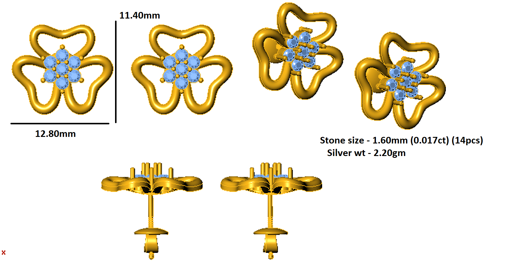 RKC 925 स्टर्लिंग सिल्व्हर डेली वेअर गर्ल्स फ्लोरल स्टड महिला कानातले 14k रोझ ओव्हर प्रोडक्ट Wt 2.20 GM उंची 11.40 MM