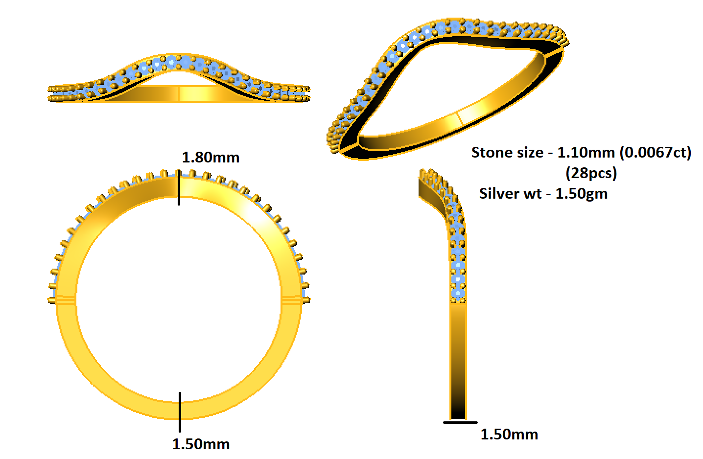 RKC राउंड कट मॉइसॅनाइट एंगेजमेंट रिंग 925 सिल्व्हर 14k पिवळा गोल्ड प्लेटेड महिलांच्या वजनासाठी 1.50gm आणि रुंदी 1.50mm