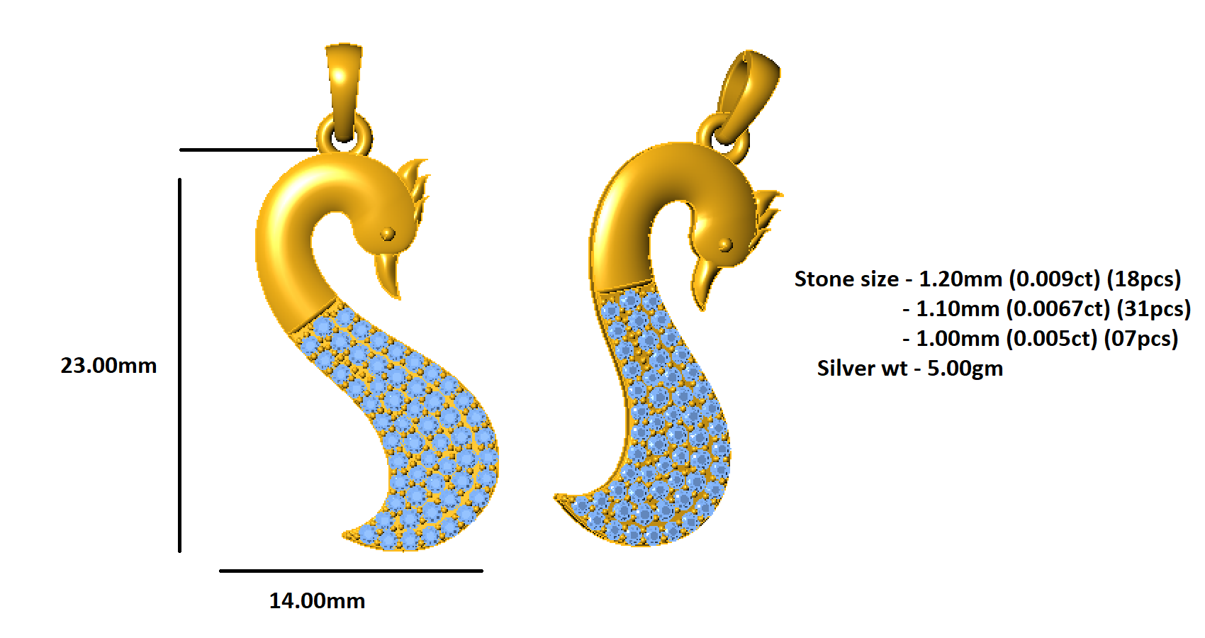 RKC 0.40Ct 모이사나이트 스완 펜던트 925 실버 주얼리 14K 옐로우 골드 도금 중량 5gm 높이 23mm