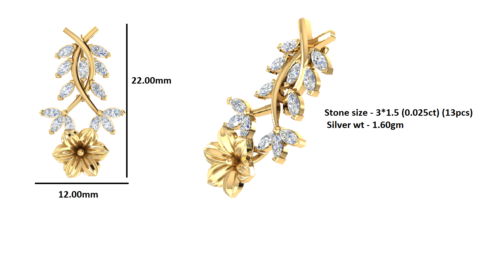 RKC Moissanite 925 Sterling Silve Brooch 14K Rose Gold Plated Product Wt 1.60 GM Height 22.00 MM
