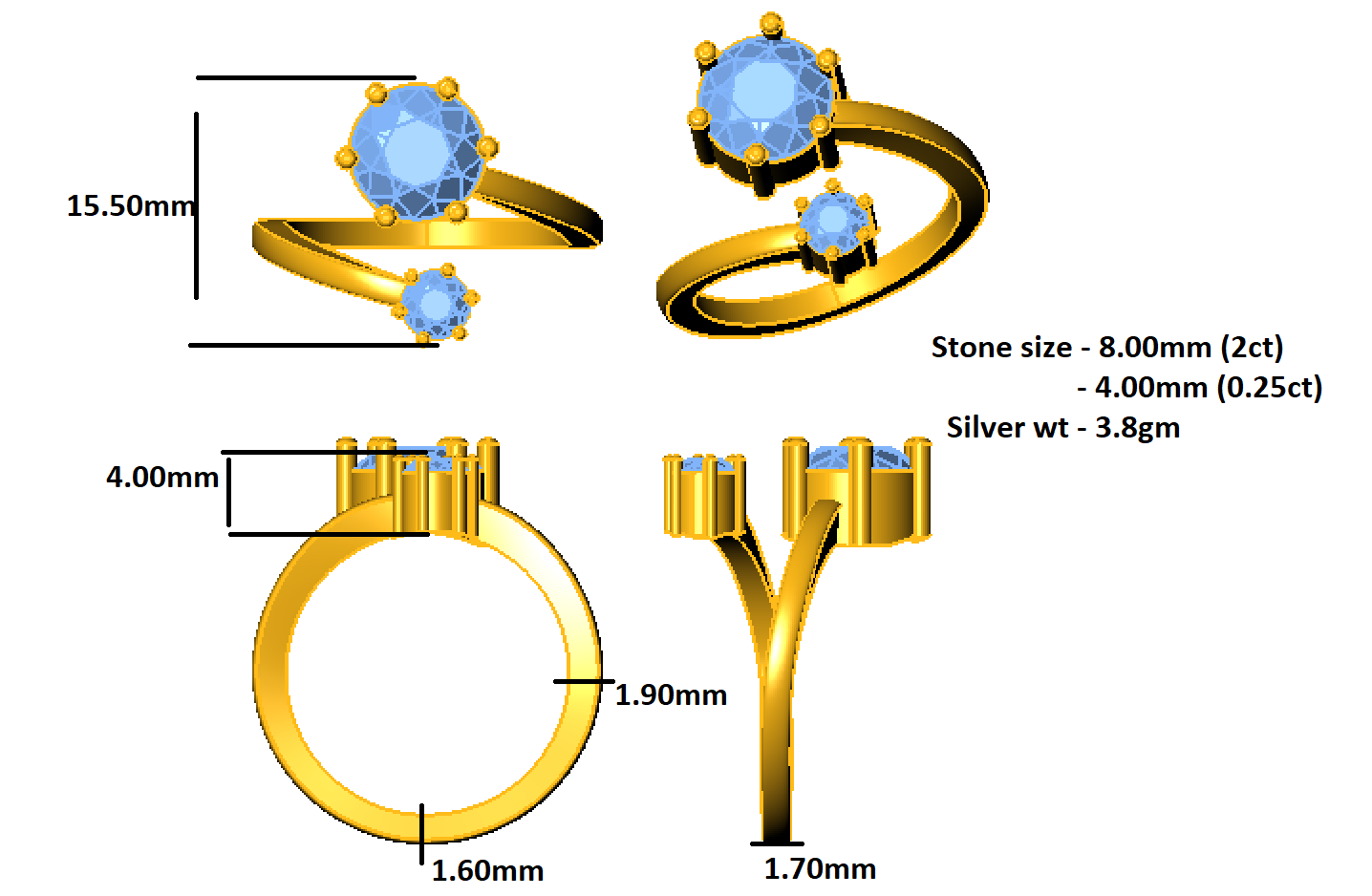 RKC 2.25 Ct rondgesnyde Moissanite-verloofring 925 silwer 14k Geelgoud oorgetrek vir vroue se gewig 3.8 gm en 1.70 mm