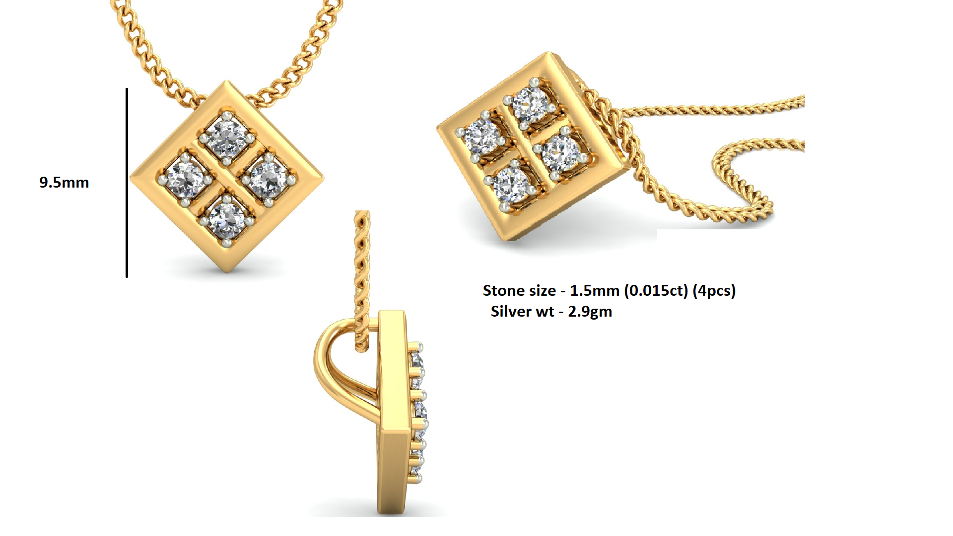 RKC 925 সিলভার স্কয়ার আকৃতির মহিলা 0.06 Ct ময়সানাইট দুল 14K হলুদ সোনার প্রলেপ Wt 2.9gm উচ্চতা 9.5 মিমি