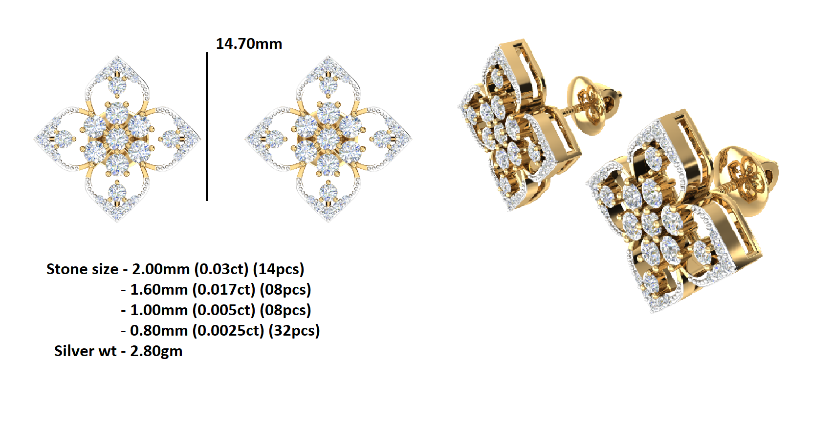 RKC 925 Sterling Silver Daily Wear Girl's Floral Stud Women Earring 14k Yellow Over Product Wt 2.80 GM Height 14.70 MM