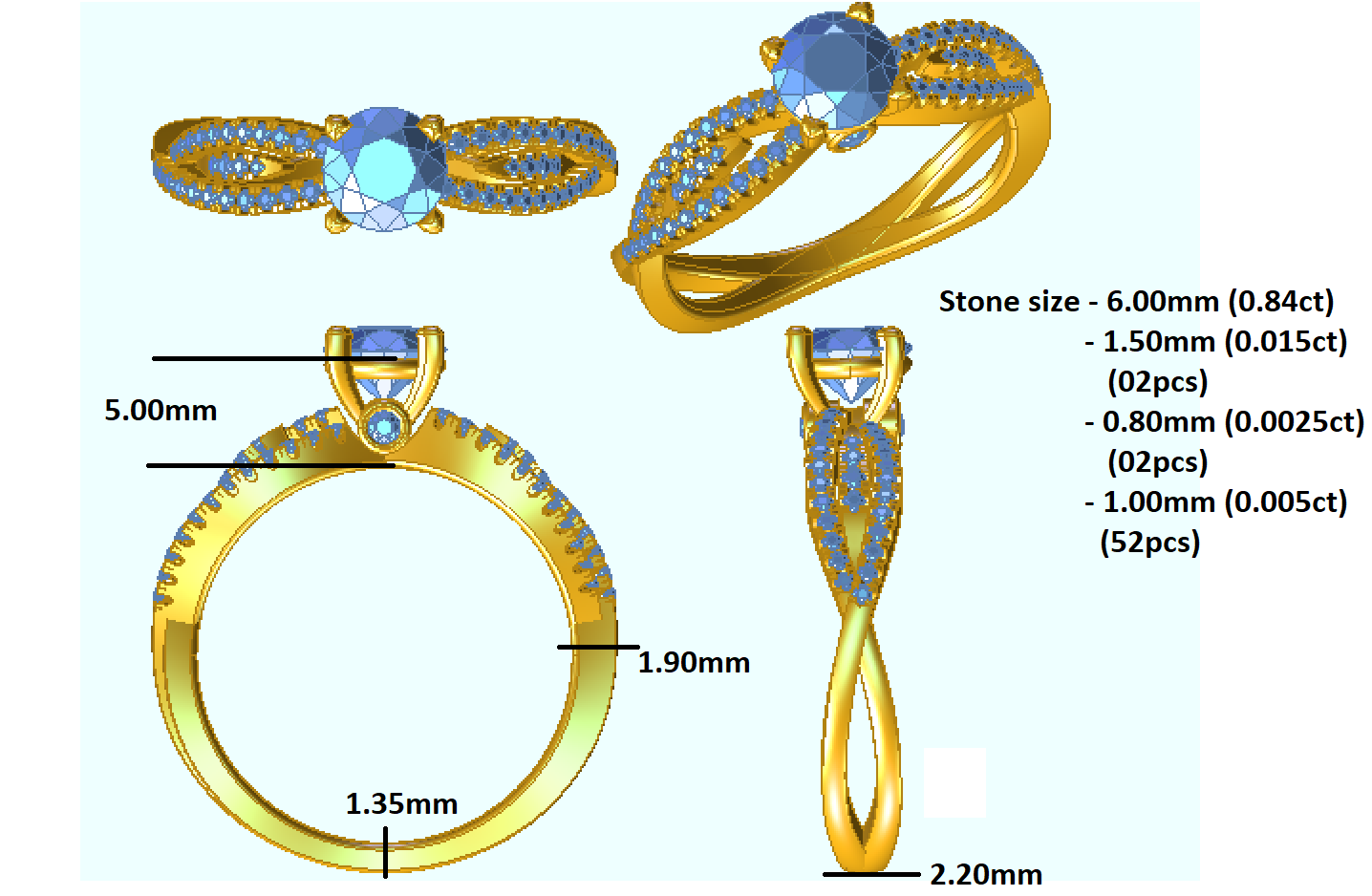 RKC Round GRA Moissanite Criss Cross Engagement Ring 925 Silver 14K Rose Gold Plated Wt 3.50 gm Width 2.20 MM