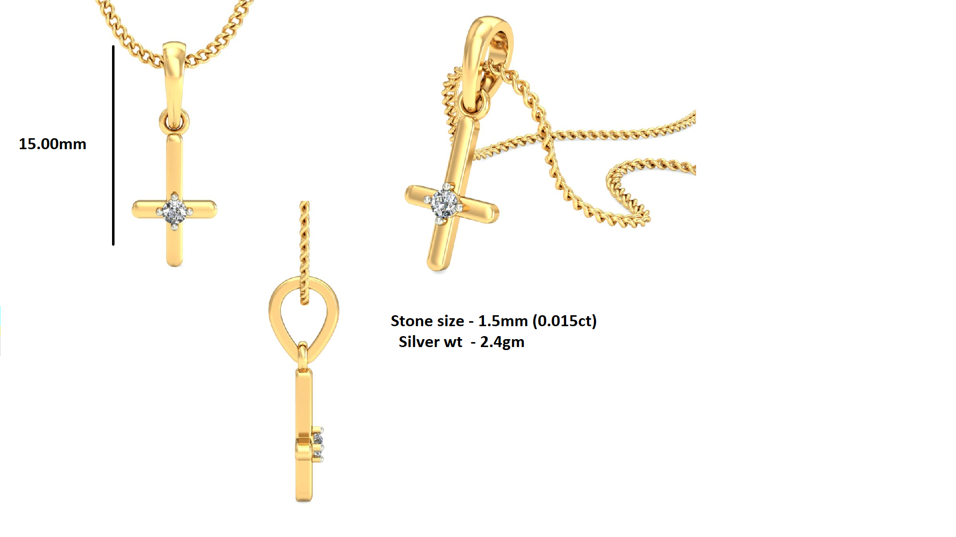 RKC Women 925 Silver Cross Religious 0,015 Ct moissanite medál 14K sárga aranyozott súly 2,4 gm magasság 15 mm