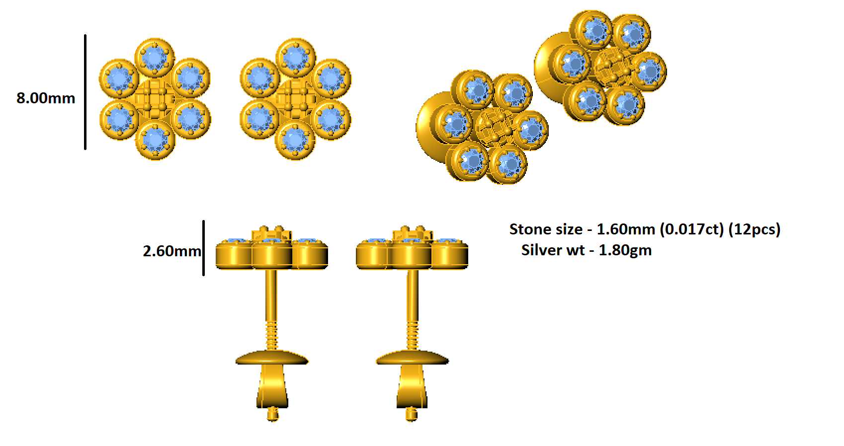 RKC 925 Sterling Silver Flower Push Back Women Earring 14k White Gold Over Wt 1.80mm Height 8.00mm