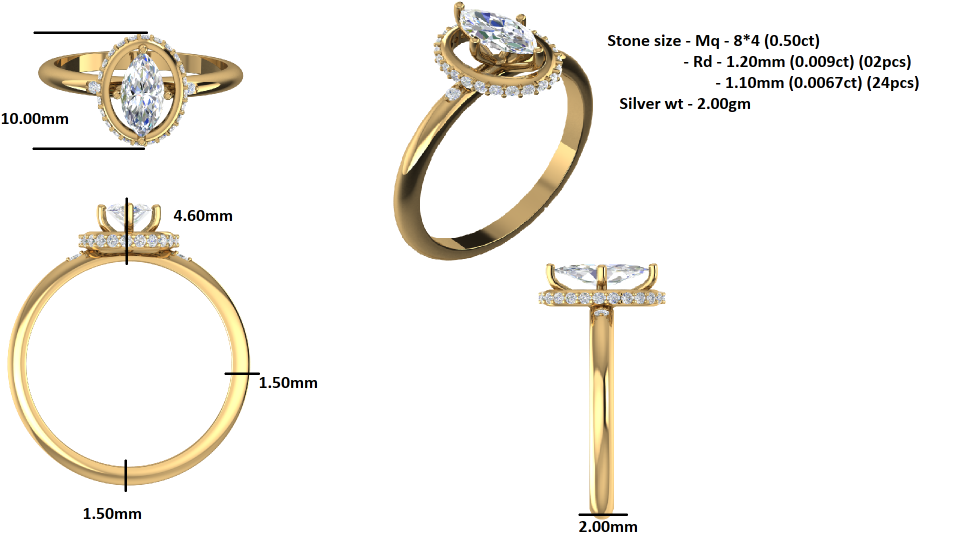 মহিলাদের Wt 2gm এর জন্য RKC Marquise Moissanite Halo এনগেজমেন্ট রিং 925 সিলভার ইয়েলো গোল্ড প্লেটেড