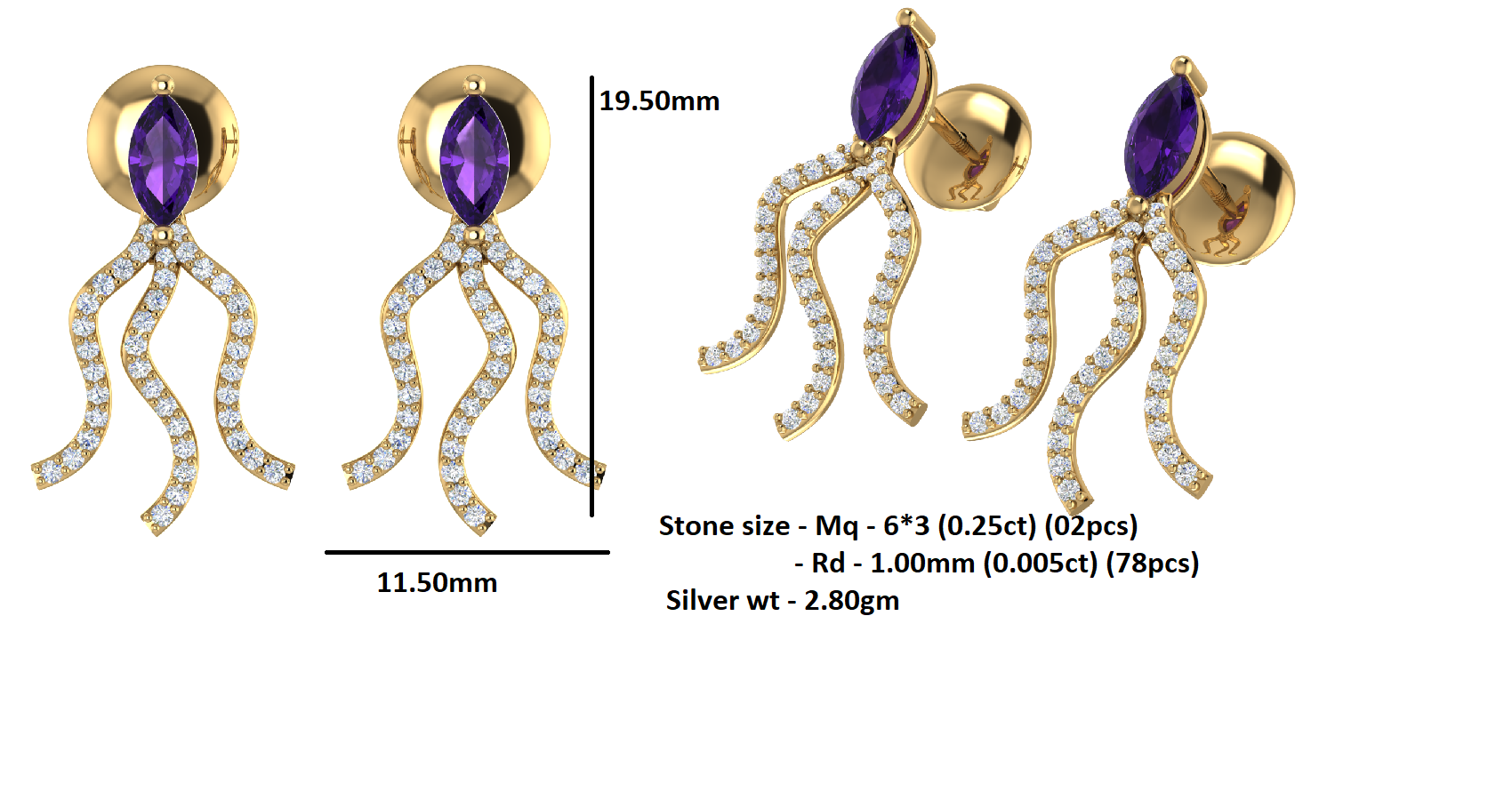 RKC 925 فضة استرليني قطرة الجمشت للنساء حلق 14 قيراط أصفر فوق وزن 2.80 قيراط ارتفاع 19.50 ملم