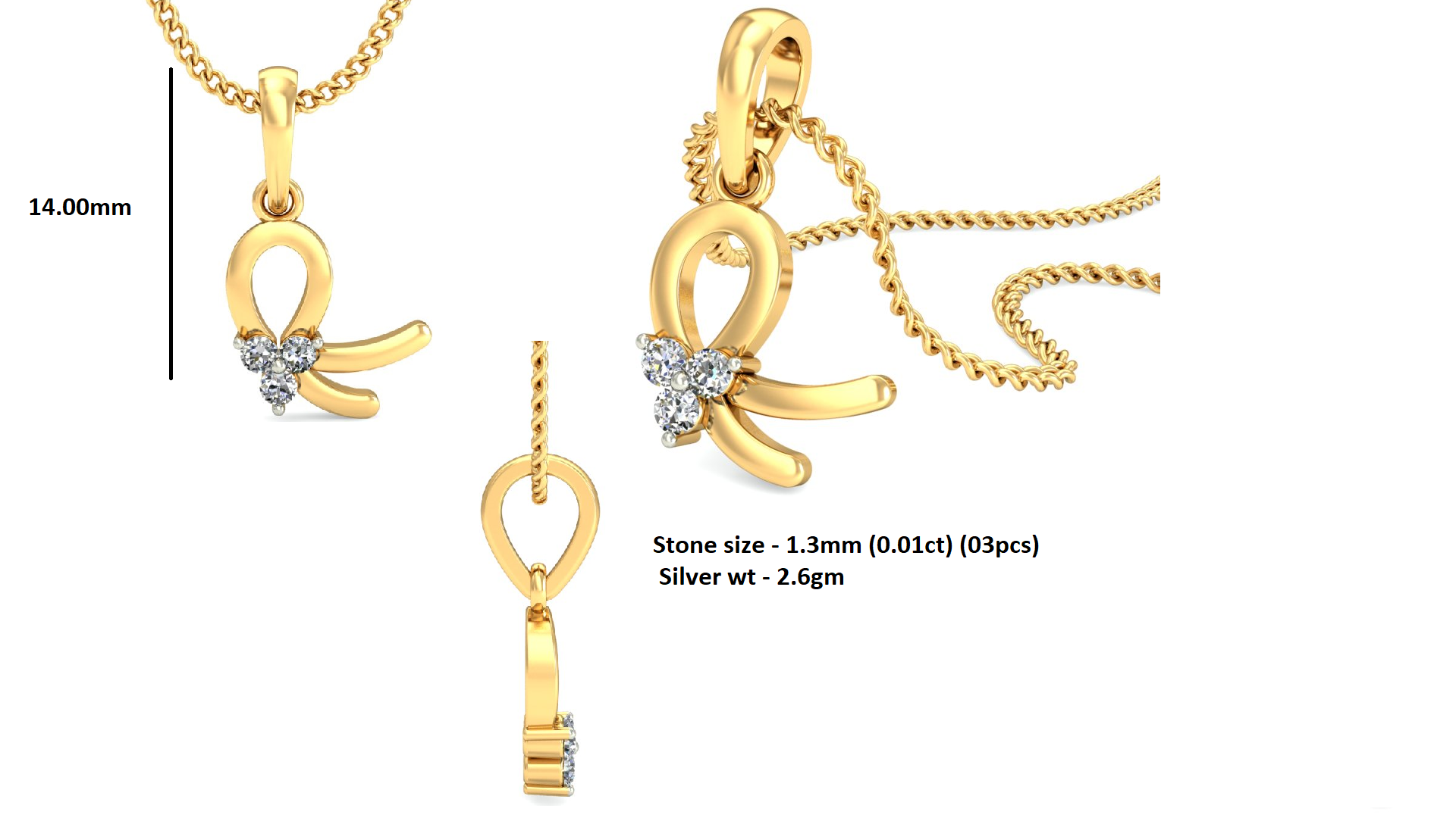 RKC উপাদেয় 925 সিলভার 0.03 Ct ময়সানাইট দুল 14K হোয়াইট গোল্ড ফিনিশ Wt 2.6gm উচ্চতা 14 মিমি