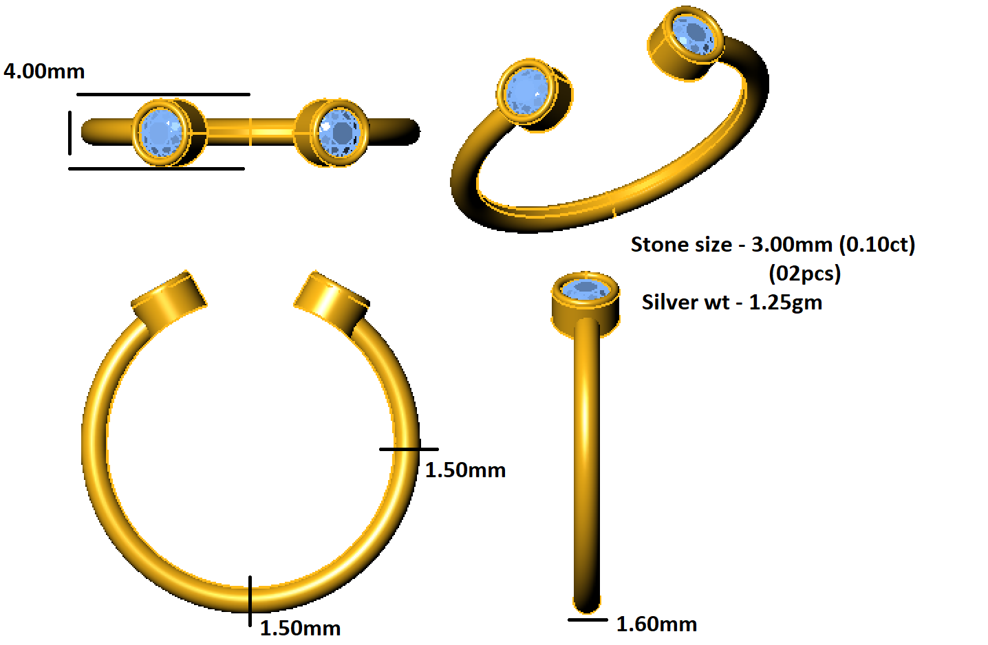 Пярсцёнак RKC з круглым муасанітам з двума камянямі з адкрытай павязкай для жанчын для жанчын з стерлингового срэбра 925 пробы, пакрыццё з ружовага золата 14 карат, вага 1,25 г, шырыня 1,60 мм
