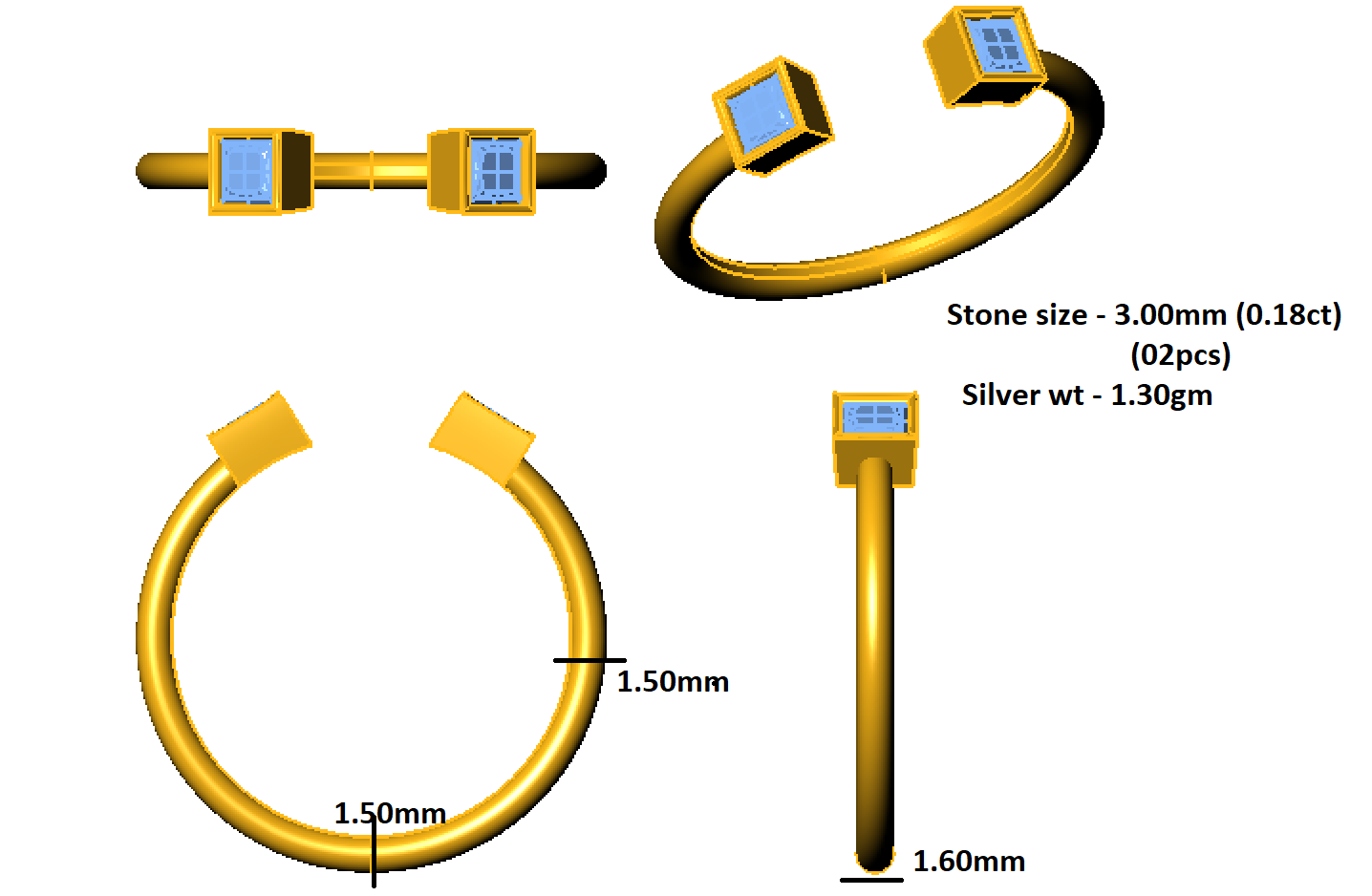 Вытанчаны пярсцёнак RKC Moissanite Princess Cut Open Band, срэбра 925 пробы, пакрыццё з ружовага золата 1,30 г, шырыня 1,60 мм