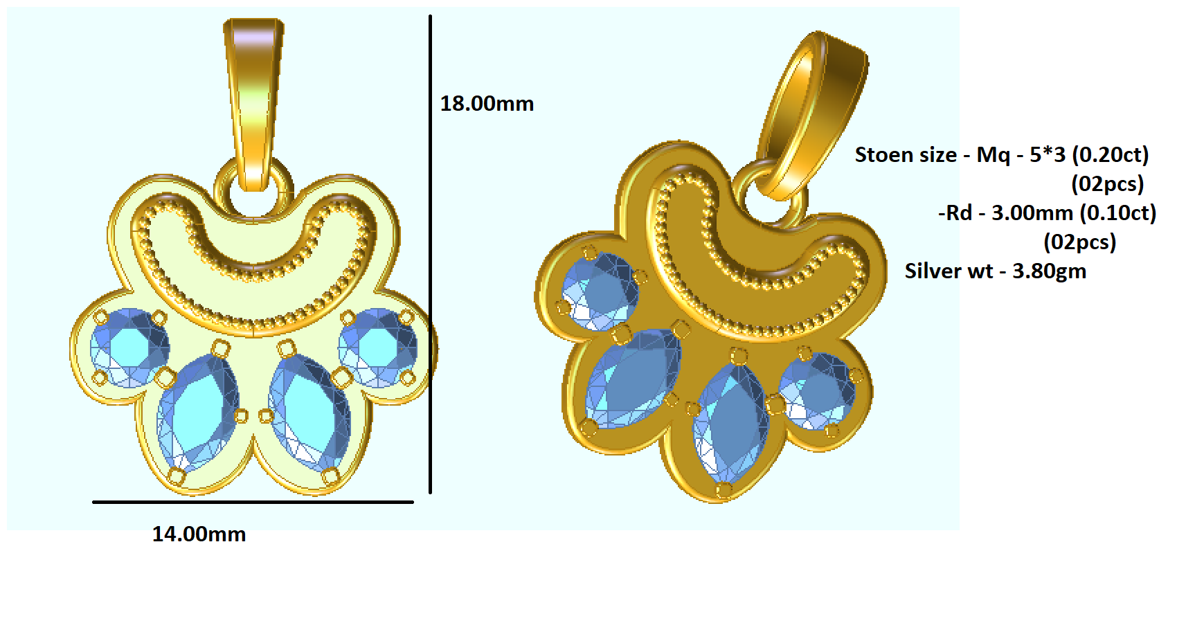RKC 0.6 قيراط مويسانيتي باو قلادة 925 مجوهرات فضية 14 قيراط مطلية بالذهب الأصفر (الارتفاع)