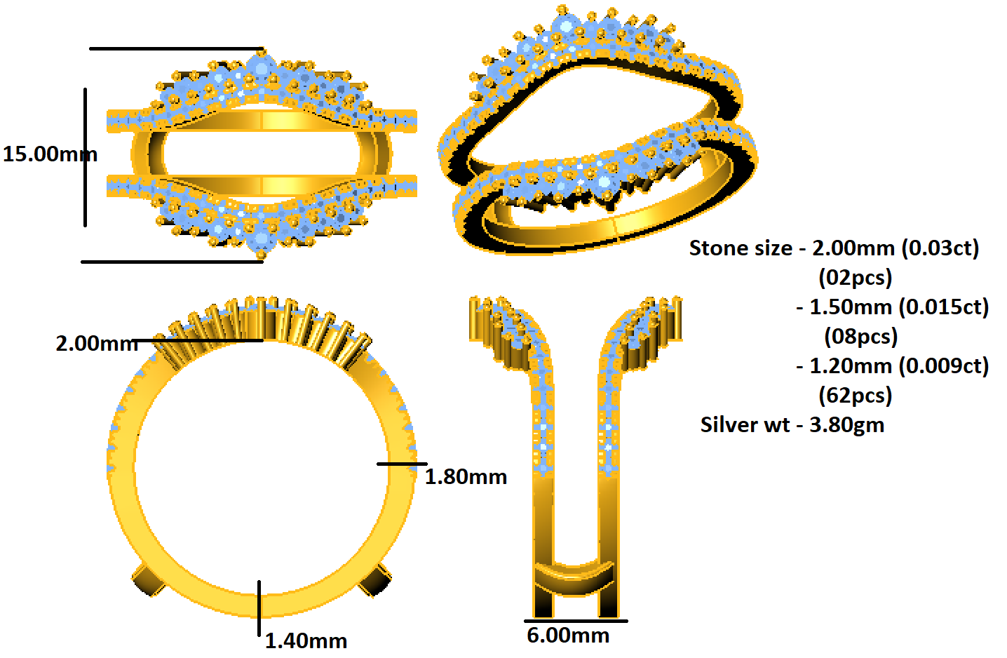 Жаночы заручальны пярсцёнак RKC Moissanite Enhancer Guard кольца са срэбра 925 пробы з пакрыццём з жоўтага золата 14K Вага 3,80 г, шырыня 6 мм