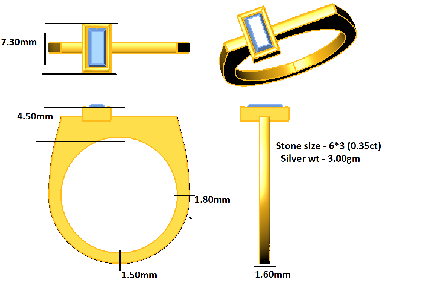 Падарункавы пярсцёнак RKC Baguette Moissanite Unisex Solitaire Band, срэбра 925 пробы, пакрыццё з жоўтага золата 14 карат, вага 3 г, шырыня 1,60 мм