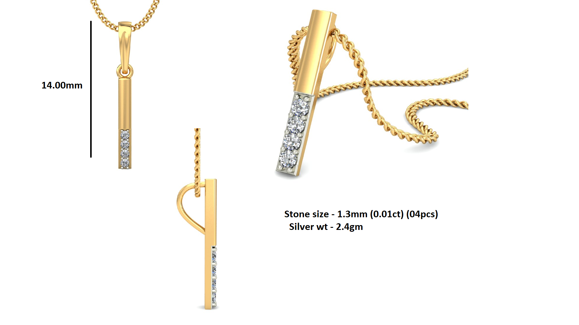 قلادة من الفضة الإسترليني RKC 0.04 مويسانيتي هدية لها لمسة نهائية من الذهب الأصفر عيار 14 قيراط بوزن 2.4 جم ارتفاع 14 مم