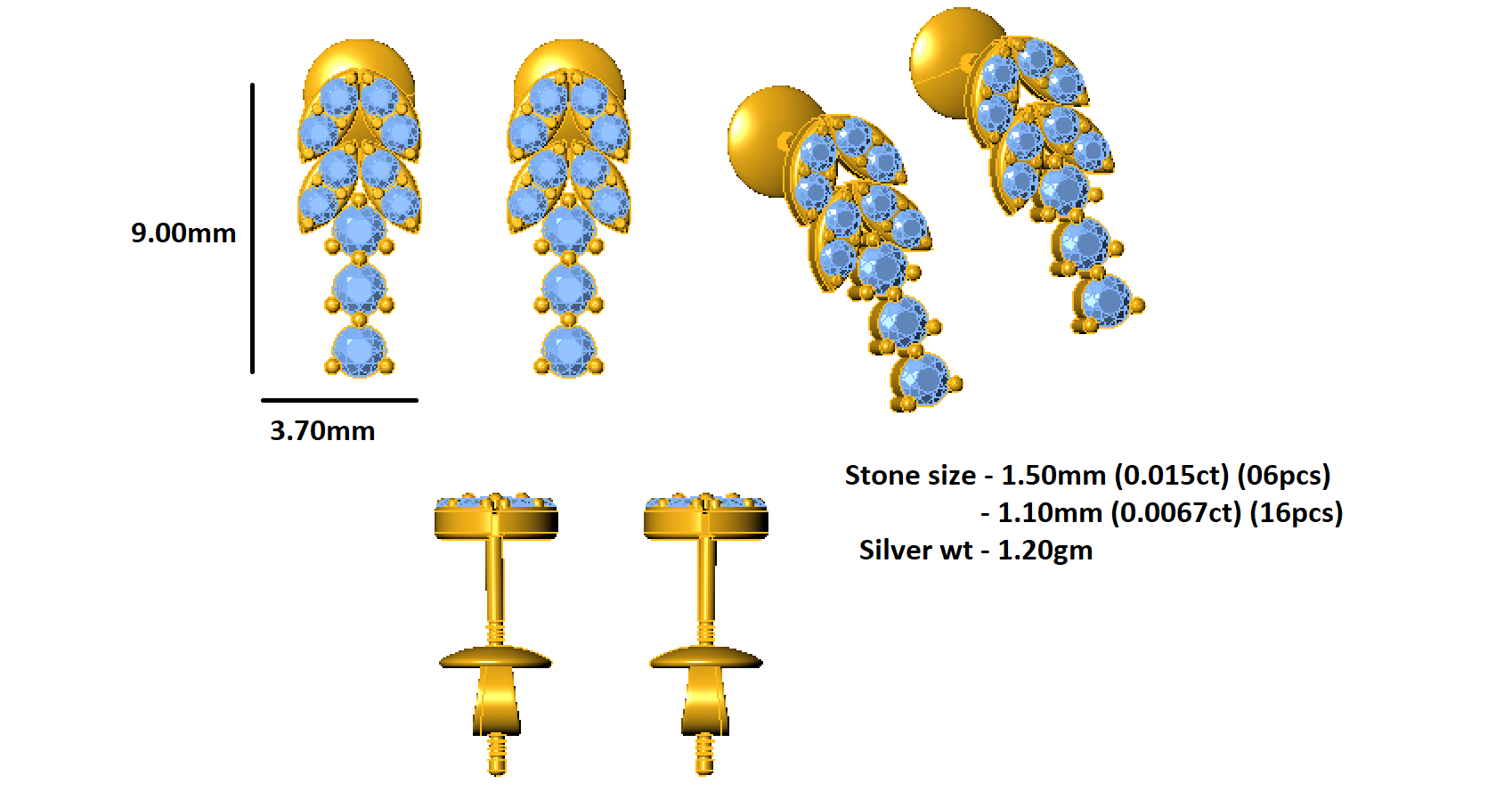 RKC 925 Sterling Silver Drop Dangle Push Back Women Earring 14k White Gold Over Wt 1.20gm Height 9.00mm