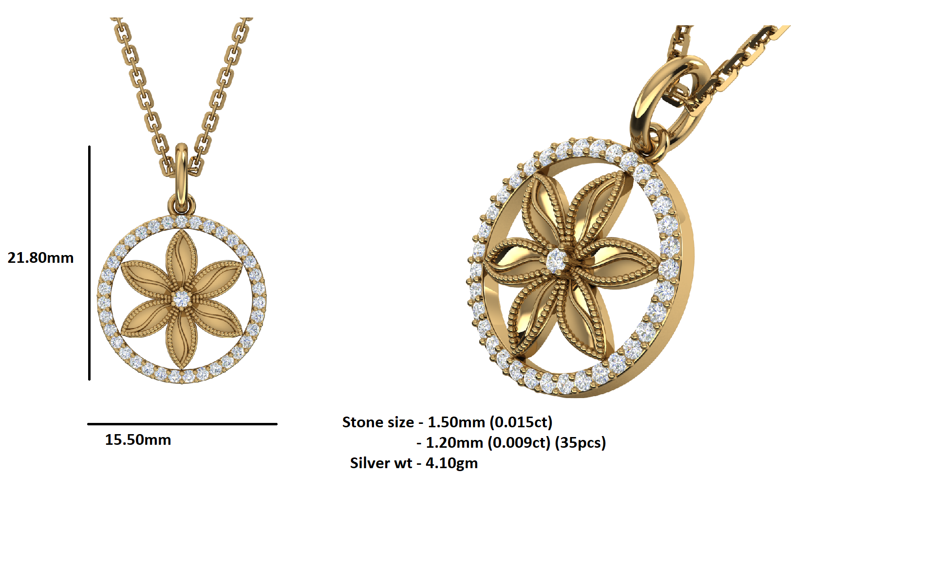 RKC 0.33Ct Flower Moissanite Pendant 925 Silver Jewelry 14K Rose Gold Plated Wt 4.10gm Height 21.80mm