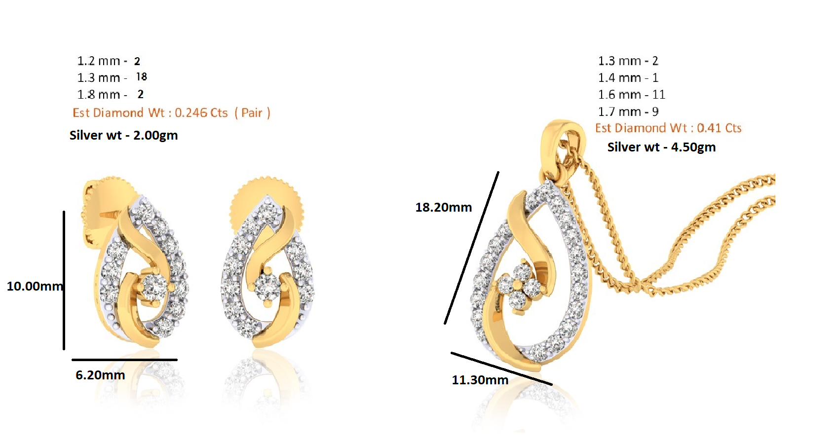 RKC 925 सिल्व्हर गोल्डन टोटल 0.65Ct मॉइसॅनाइट पेंडंट Wt 4.50gm आणि Wt कानातले 2.00gm सेट 14K रोझ गोल्ड प्लेटेड