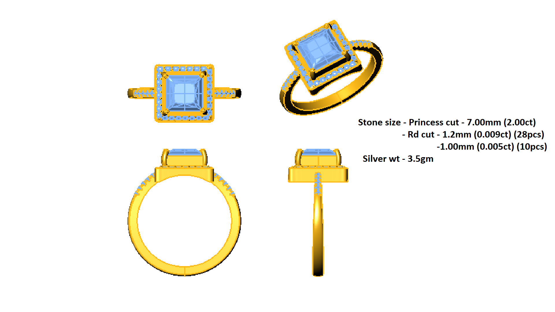 RKC Halo Princess Moissanit 925 Sterling Silber Gelbgold plattierter Damen-Ehering mit einem Gewicht von 3,5 g