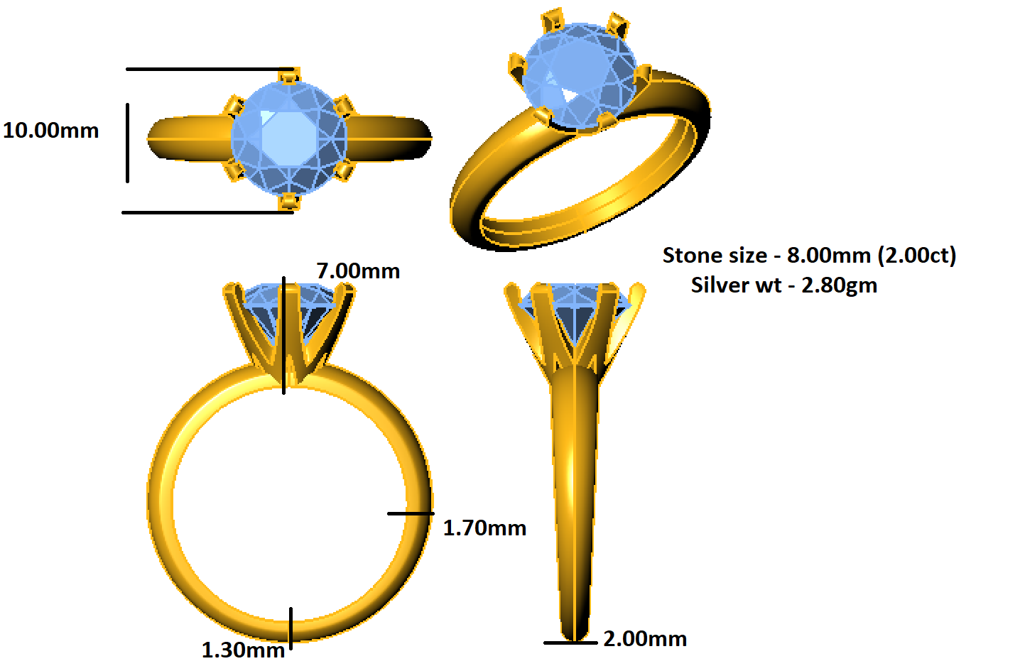 RKC 2 Ct GRA Bulat Moissanite Cincin Lamaran Pertunangan 925 Perak 14K Kuning Emas Berlapis Berat 2,80 Gram Lebar 2 MM