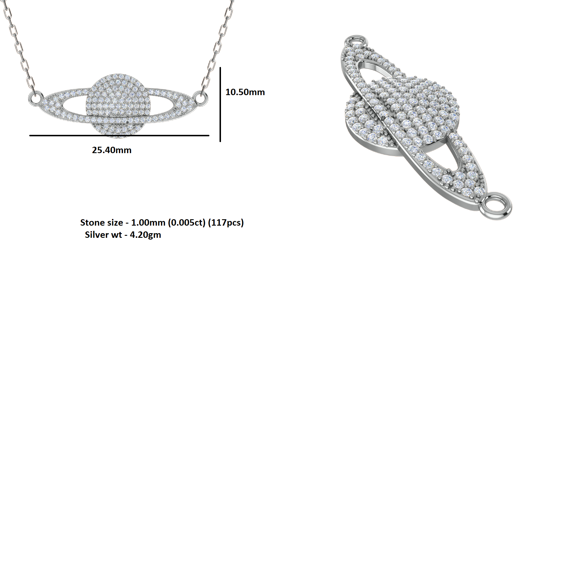 RKC 0.58Ct 모이사나이트 토성 펜던트 925 실버 주얼리 14K 로즈 골드 도금 중량 4.20gm 높이 10.50mm