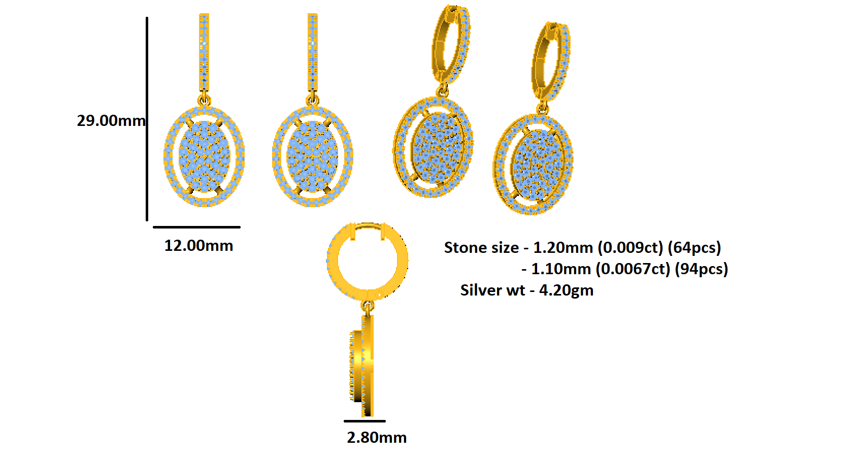 حلق نسائي من الفضة الإسترليني RKC عيار 925 متدلي عيار 14 قيراط أصفر فوق المنتج، وزن المنتج 4.20 جرام، ارتفاع 29.00 ملم