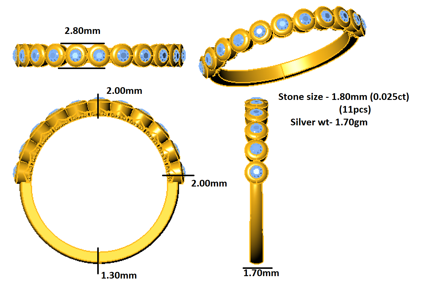 RKC Moissanite Half Eternity Birthday Special Band Women Ring 925 Silver 14K Yellow Gold Plated Wt 1.70 gm Width 1.70 MM
