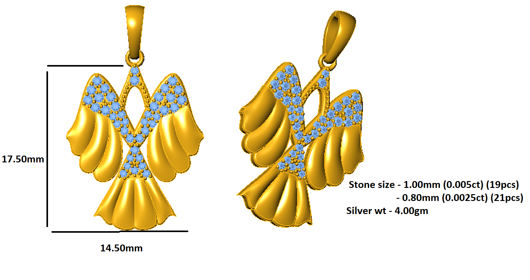 RKC 0.14Ct Moissanite Wings Pendant 925 Sølvsmykker 14K gult gullbelagt Wt 4.00gm Høyde 17.50mm