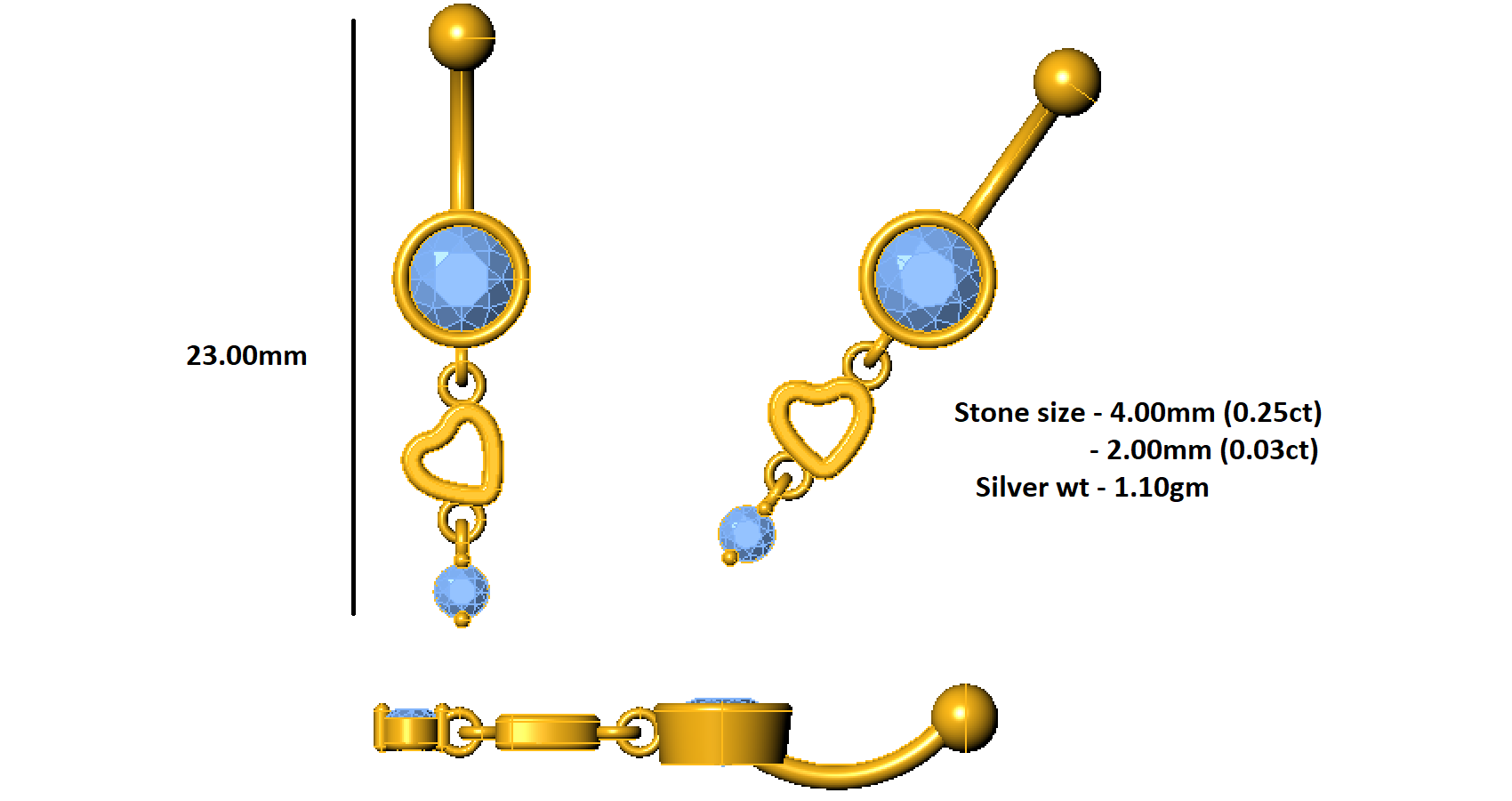 مجوهرات RKC 925 من الفضة الإسترليني للسيدات على شكل زر بطن 14 قيراط مطلي بالذهب الأصفر وزن المنتج 1.10 جم