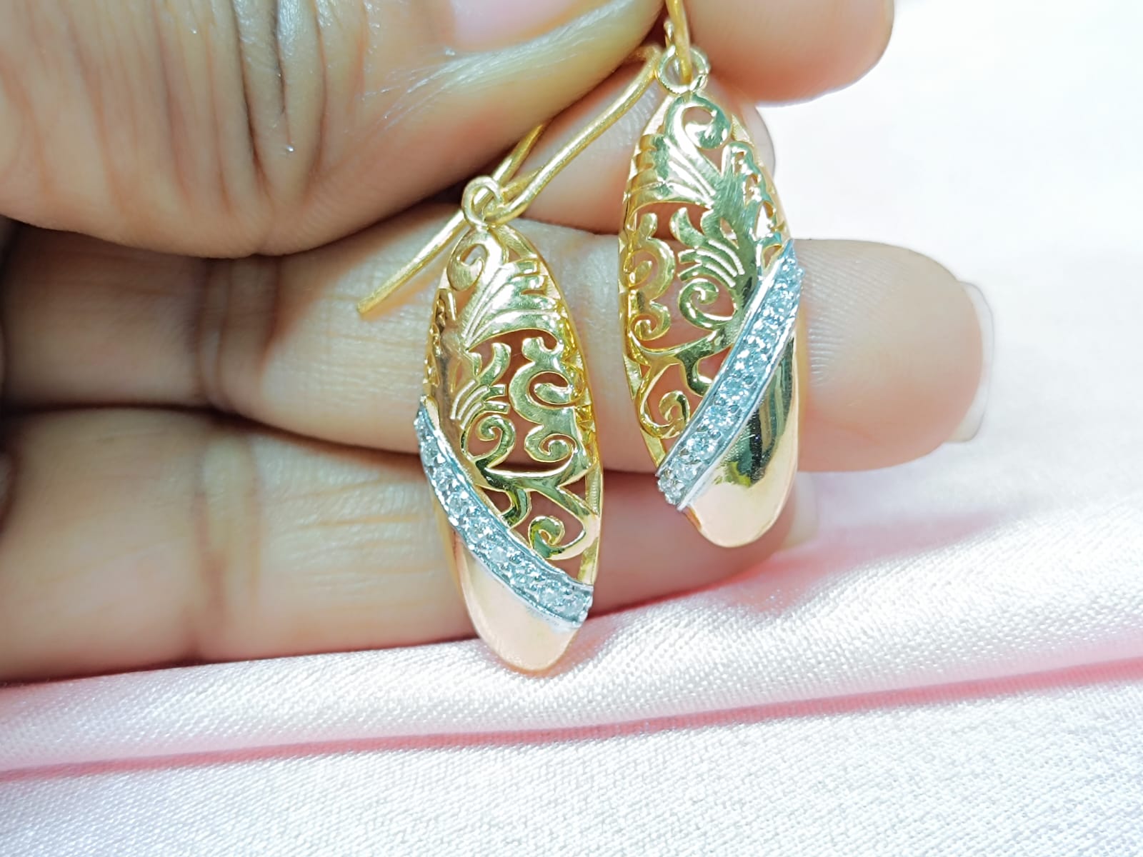 RKC Golden Unique Design Moissanite Hanging Hoop Earrings 14k Yellow Gold Plated Weight 4.5 gm