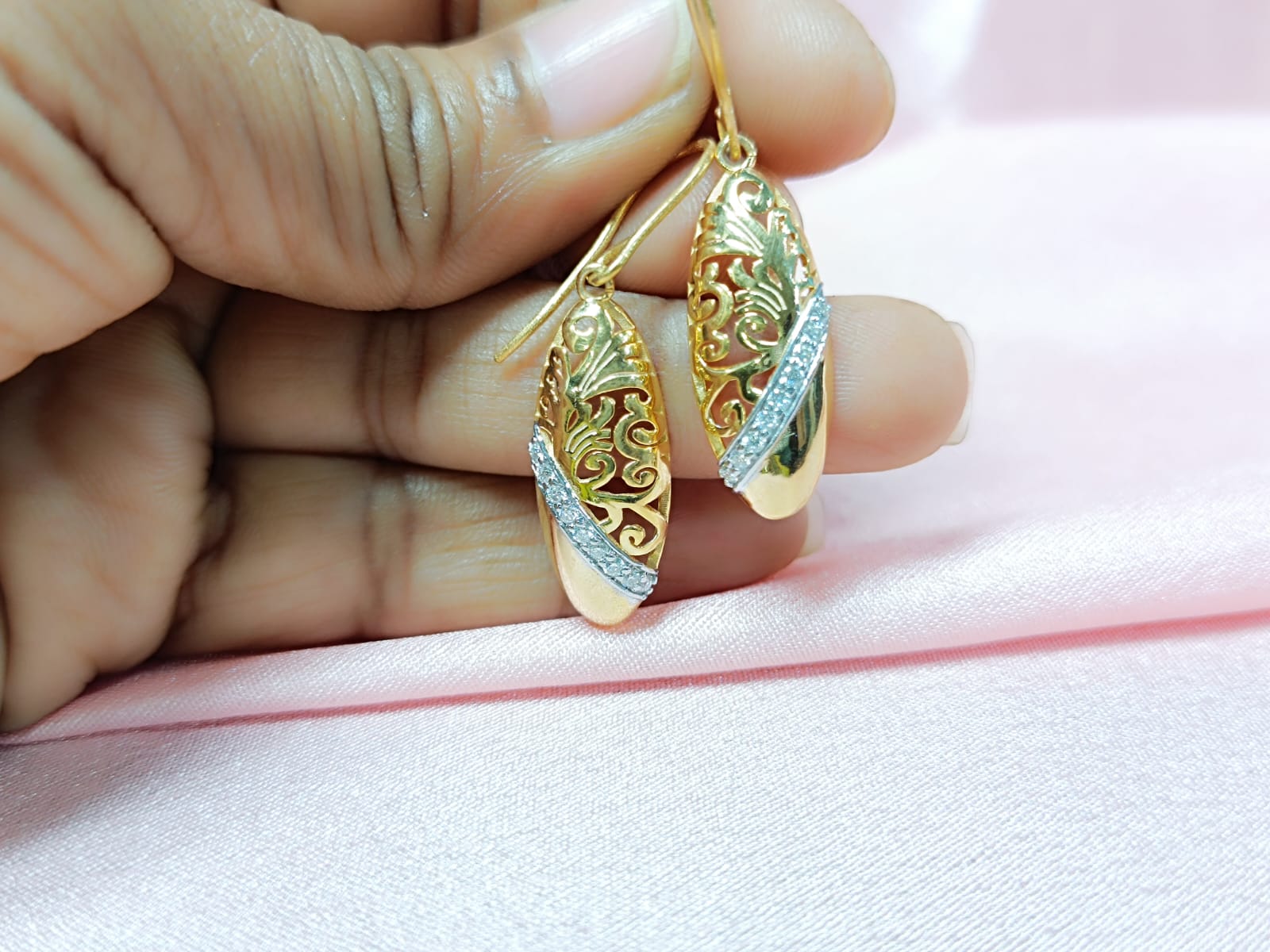 RKC Golden Unique Design Moissanite Hanging Hoop Earrings 14k Yellow Gold Plated Weight 4.5 gm