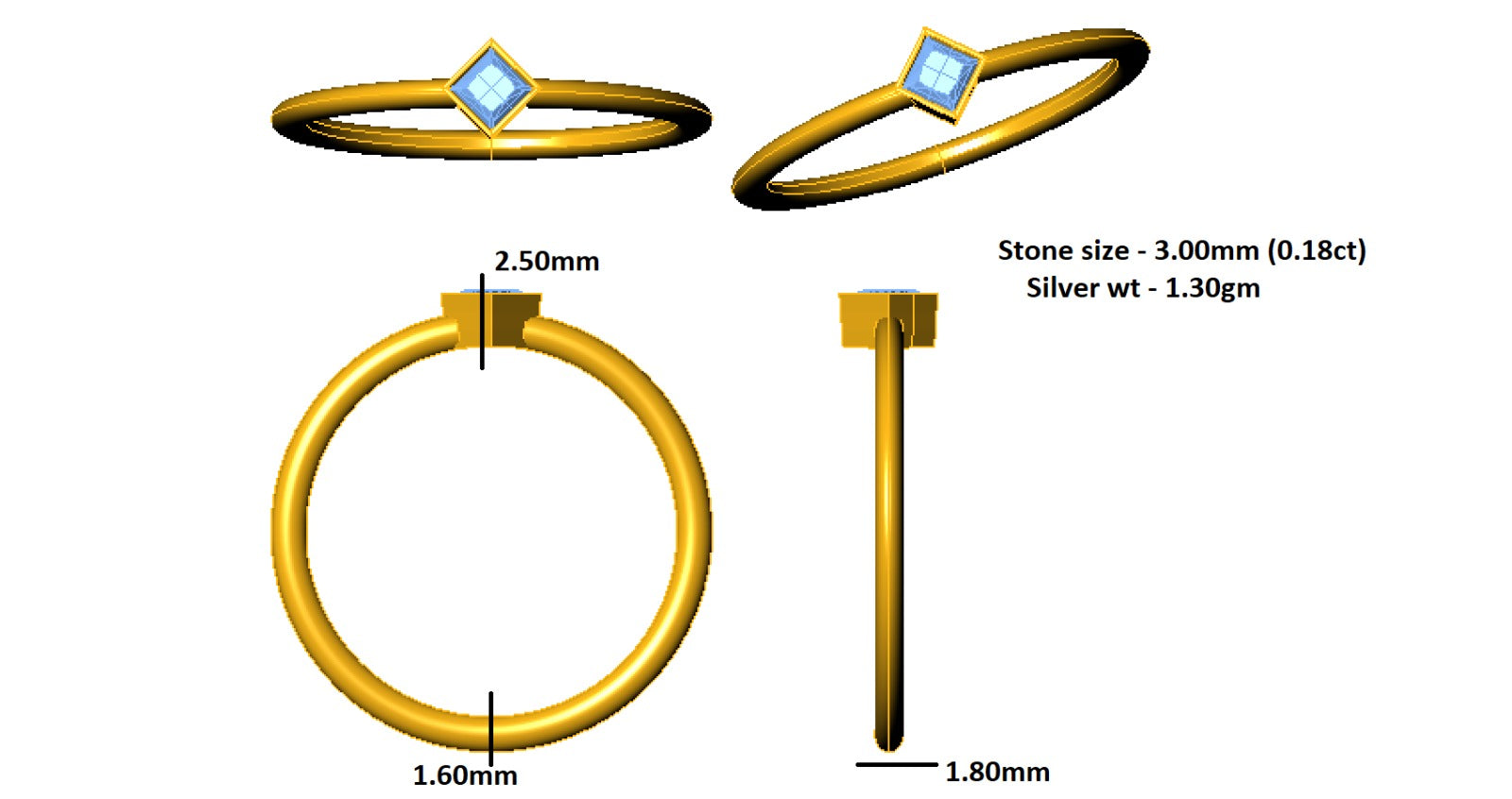 Заручальны пярсцёнак RKC Princess Cut Moissanite Solitaire, срэбра 925 пробы, пакрыццё з ружовага золата 14K