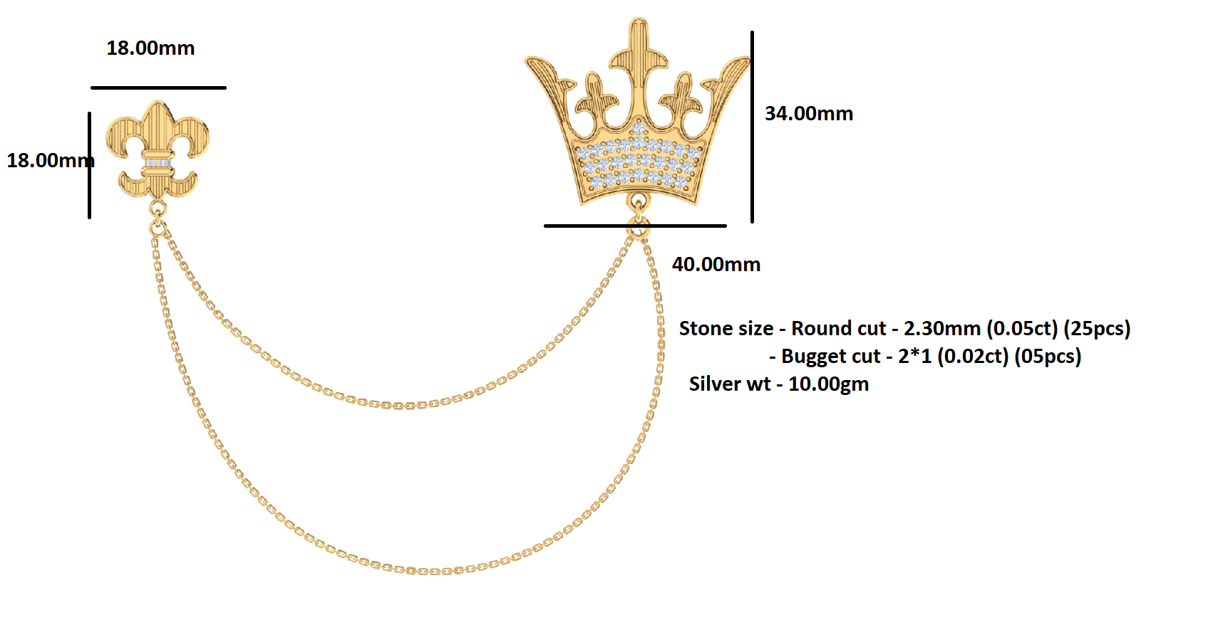 RKC 1.35Ct 925 Sterling Silver Moissanite Crown Brooch 14K Yellow Gold Plated Product Wt 10.00gm