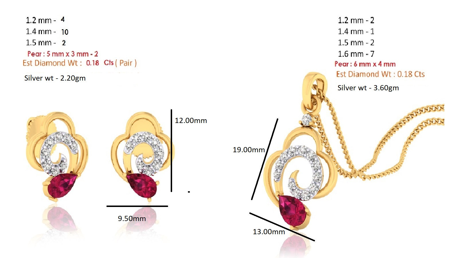 Срэбра RKC 925, залаты, 0,36 карата, кулон з рубінам, вагой 3,60 г і завушніцамі вагой 2,20 г, камплект з пакрыццём з ружовага золата 14 карат