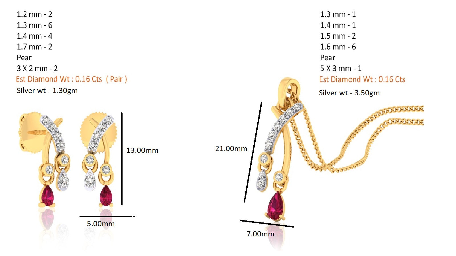 RKC 925 সিলভার গোল্ডেন মোট 0.32Ct রুবি দুল Wt 3.50gm এবং Wt কানের দুল 1.30gm সেট 14K রোজ গোল্ড প্লেটেড