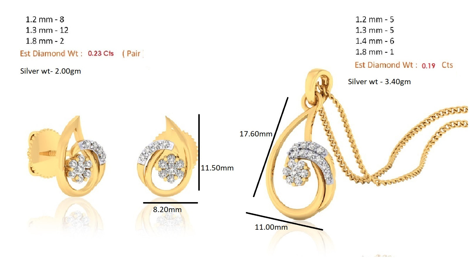 RKC 925 Perak Emas Total 0,42Ct Set Anting Liontin Moissanite Berat 5,40gm dengan Lapis Emas Mawar 14K