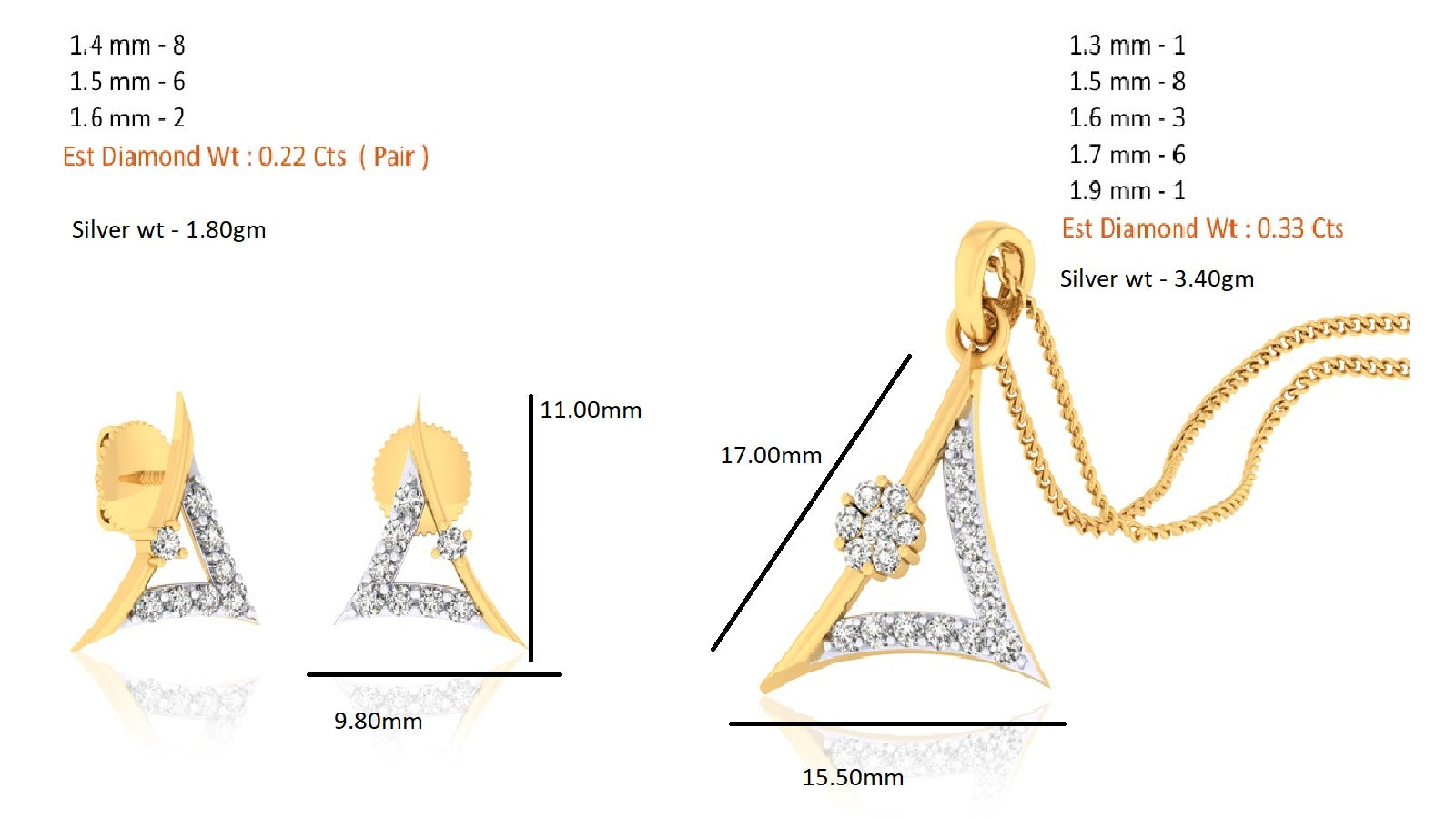 RKC 925 Срэбра Залаты Усяго 0,55 Карата Муасаніт Кулон Вага 3,40 г і Завушніцы 1,80 г Камплект з пакрыццём з ружовага золата 14K